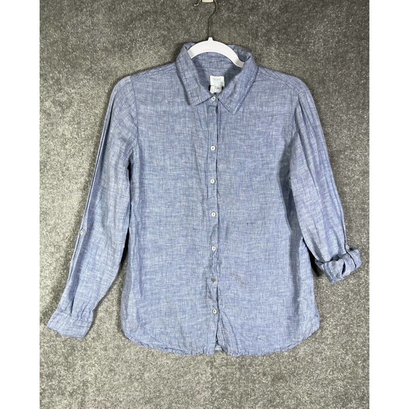Sigrid Olsen Linen Button Up Shirt Womens Size Medium Blue Roll Tab Sleeve FLAW - Picture 3 of 16